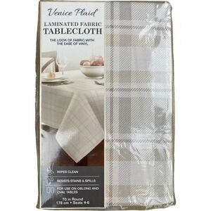 Venice Plaid Laminated Fabric Tablecloth Wipes Clean Resists Stain 70" Round New